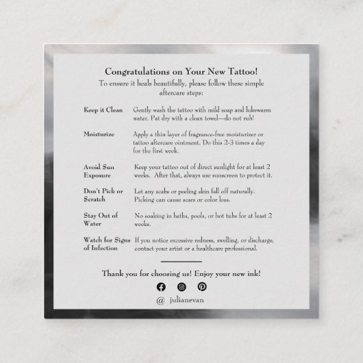 Carte De Visite Carré Instructions postérieures de tatouage d'encre noir (Dos)