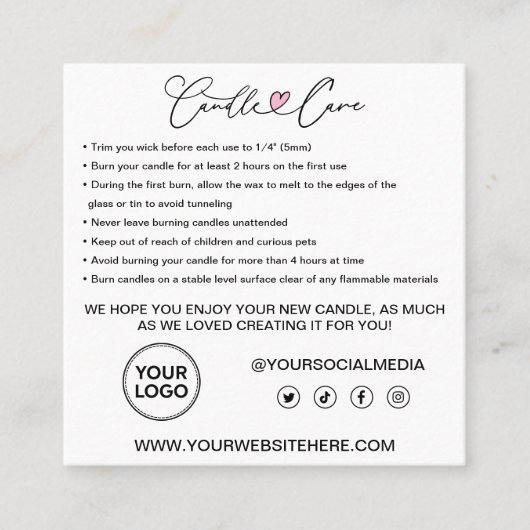 Carte De Visite Carré Instructions pour l'entretien des bougies Merci cl (Devant)