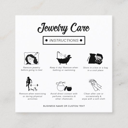 Carte De Visite Carré Instructions simples de soins pour bijoux en noir  (Devant)