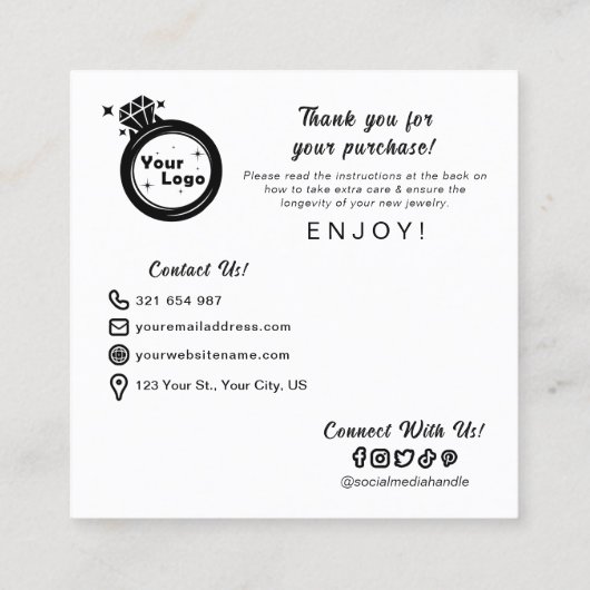 Carte De Visite Carré Instructions simples de soins pour bijoux en noir  (Dos)