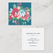 Carte De Visite Carré Joli bouquets de roses - Turquoise & rose - Monogr (Devant / Derrière)