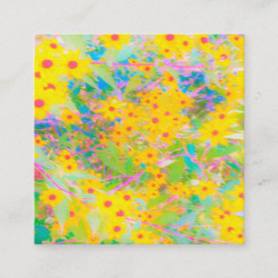 Carte De Visite Carré Jolie Fleurs Jaunes et Rouges avec Turquoise