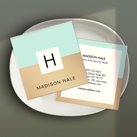 Carte De Visite Carré Jolie Moderne Turquoise Or Monogramme Beauté Styli