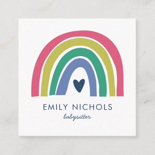 Carte De Visite Carré Jolie Rainbow Pink Navy Green Boho Babysitter (Devant)