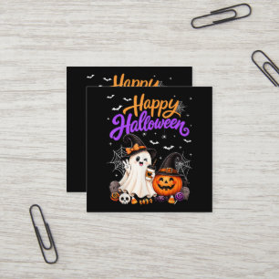 Carte De Visite Carré Joyeux Halloween Gentil Fantôme Citrouille Effraya
