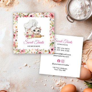 Carte De Visite Carré Kitten Chef Bakery Pink