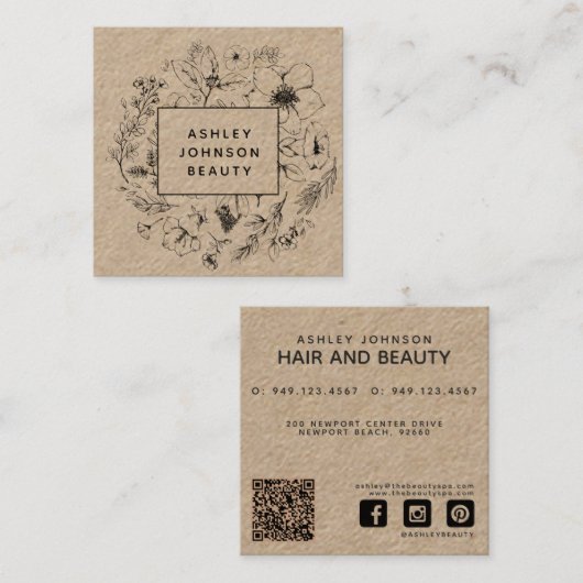 Carte De Visite Carré Kraft botanique moderne et Floral noir (Devant / Derrière)