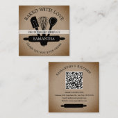 Carte De Visite Carré Kraft Rustique Cuit Avec Amour QR Code Merci (Devant / Derrière)