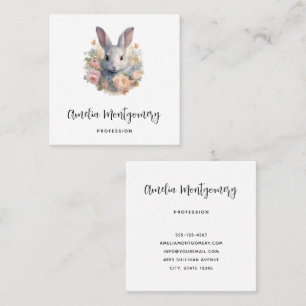 Carte De Visite Carré Lapin entouré de fleurs pastel mignon