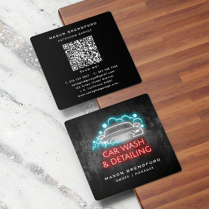 Carte De Visite Carré Lavage de voiture et retouche néon bleu Code QR Gl