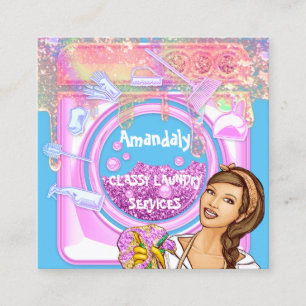 Carte De Visite Carré Lave-linge Services de nettoyage QRCode bleu rose