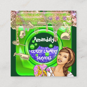 Carte De Visite Carré Lave-linge Services de nettoyage QRCode Green