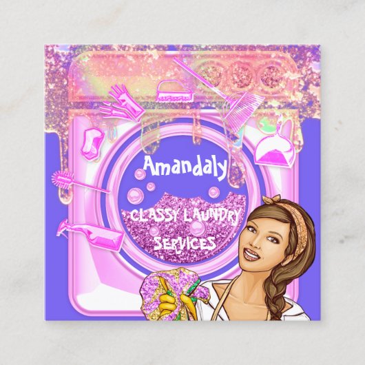 Carte De Visite Carré Lave-linge Services de nettoyage QRCode Logo Bleu (Devant)