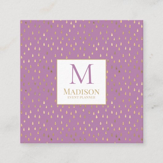 Carte De Visite Carré Lavender Gold Raindrop Moderne Monogramme tendance (Devant)