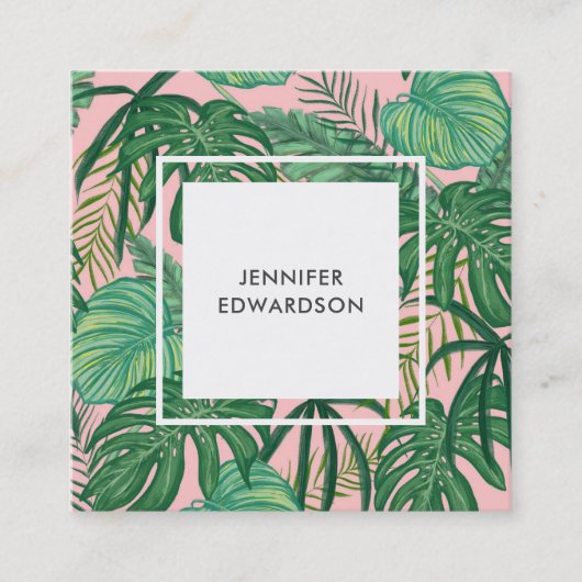 Carte De Visite Carré Le feuille tropical vert moderne d'aquarelle (Devant)