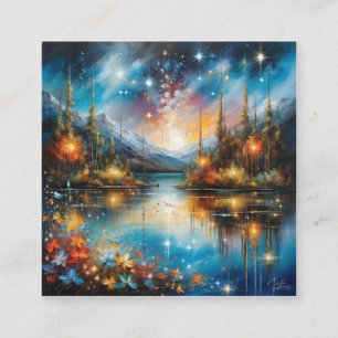 Carte De Visite Carré Le lac surréaliste et miroir reflétant un nid étoi