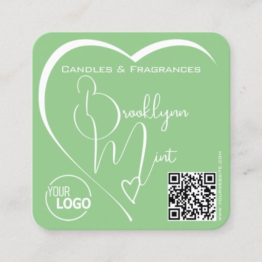 Carte De Visite Carré Light Mint Green Calligraphy Heart Logo QR Code (Devant)