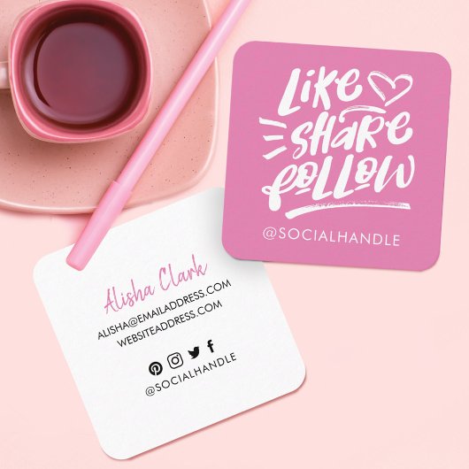 Carte De Visite Carré Like Share Suivre Brascript Pink Social Media