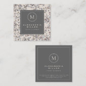 Carte De Visite Carré Linge beige Élégant Floral | Médaillon Monogramme (Devant / Derrière)