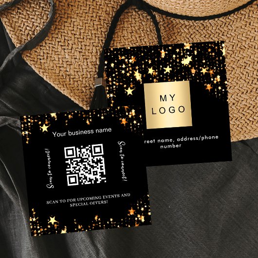 Carte De Visite Carré Logo Black gold stars code QR