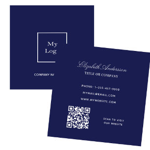Carte De Visite Carré logo bleu marine QR code élégant