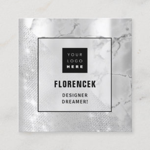 Carte De Visite Carré Logo CODE QR Magasiner Géométrie en marbre argenté