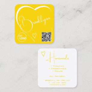 Carte De Visite Carré Logo Code QR Modèle Calligraphie Coeur Jaune