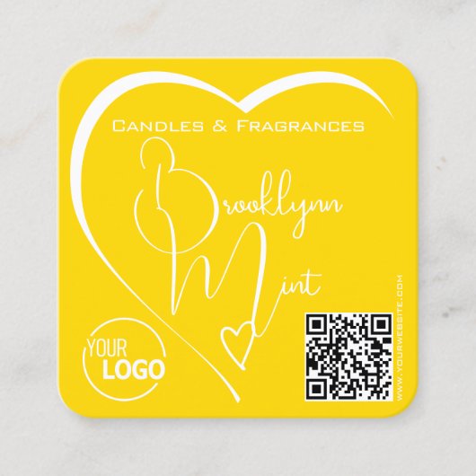 Carte De Visite Carré Logo Code QR Modèle Calligraphie Coeur Jaune (Devant)
