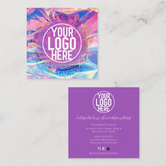 Carte De Visite Carré Logo Confetti Parties scintillant Holographe rose (Devant / Derrière)