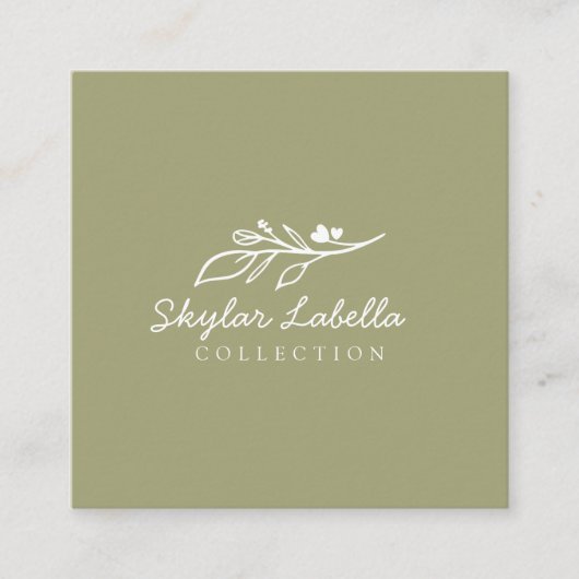 Carte De Visite Carré Logo d'art moderne Floral Botanic Line Vert olive (Devant)