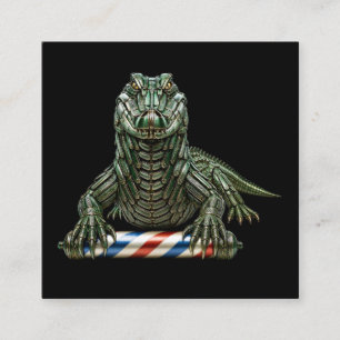 Carte De Visite Carré Logo de barbier Alligator Métal Vert Salon de coif