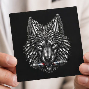 Carte De Visite Carré Logo de barbier Métal Argent Rasoir Loup Salon de