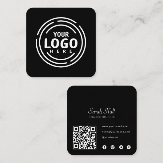 Carte De Visite Carré Logo de Black Custom moderne et code QR (Devant / Derrière)