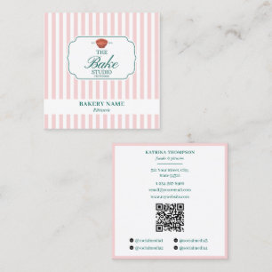 Carte De Visite Carré Logo de boulangerie à rayures vertes et roses prep