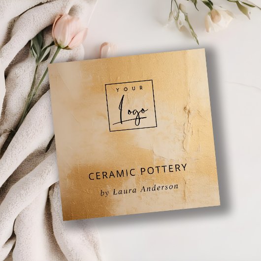 Carte De Visite Carré Logo de la peinture à l'huile d'or beige classique