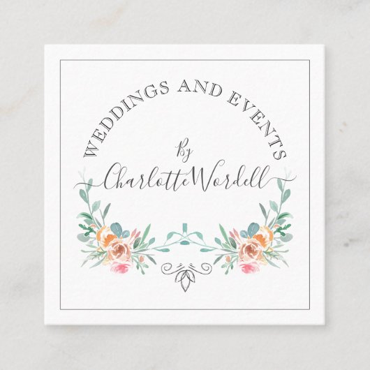 Carte De Visite Carré Logo de script Floral du planificateur d'événement (Devant)