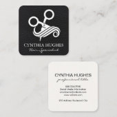 Carte De Visite Carré Logo des ciseaux pour cheveux | Cuir noir (Devant / Derrière)
