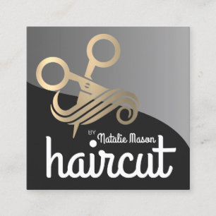 Carte De Visite Carré Logo doré des ciseaux Salon