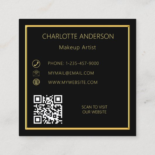 Carte De Visite Carré Logo élégant en or noir code QR (Dos)