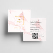 Carte De Visite Carré Logo en marbre rose clair Code QR élégant