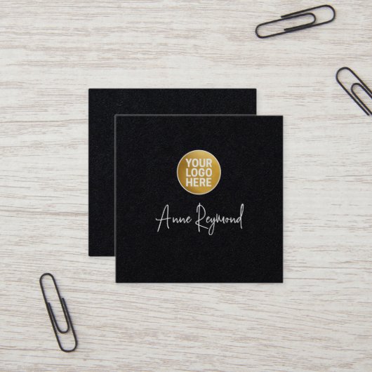 Carte De Visite Carré Logo et nom de script Premium Black (Devant/Arrière en situation)