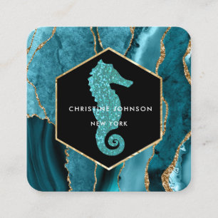 Carte De Visite Carré logo hippocampe sur agate turquoise