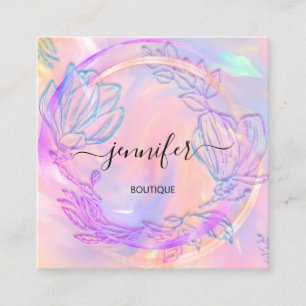 Carte De Visite Carré Logo Holographe professionnel rose floral QR Code
