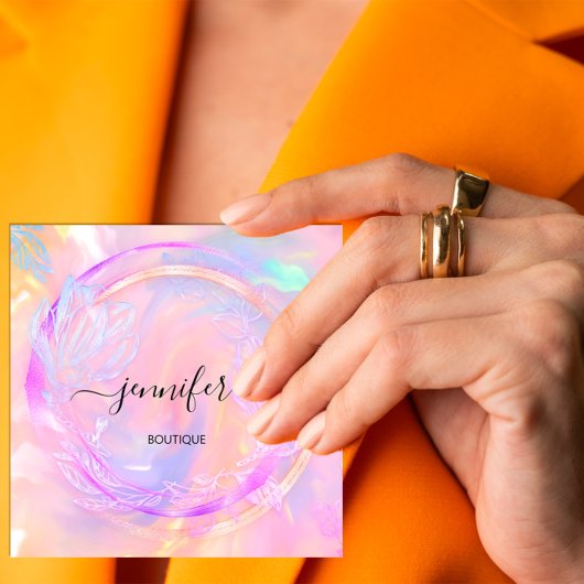 Carte De Visite Carré Logo Holographique Floral QR Code professionnel