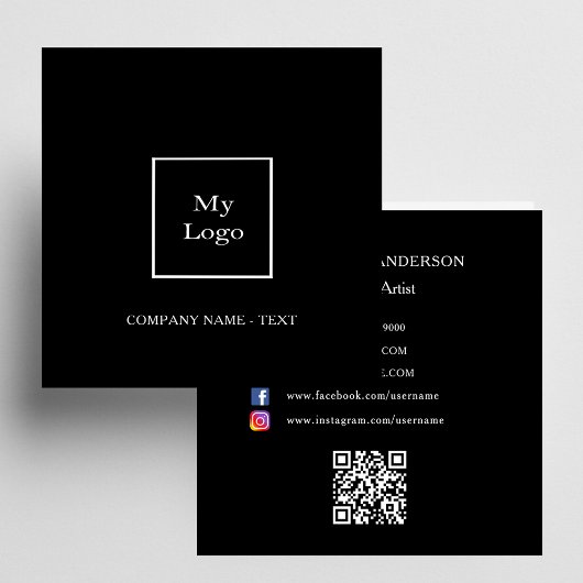 Carte De Visite Carré Logo noir blanc QR code social media premium