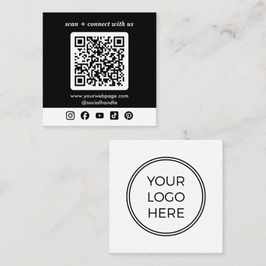 Carte De Visite Carré Logo noir QR Code Custom Social Media (Devant / Derrière)
