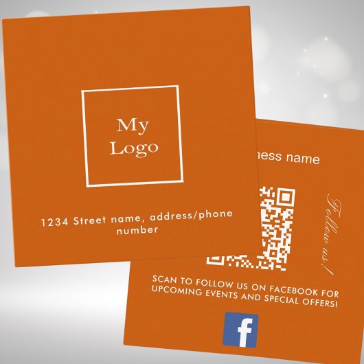 Carte De Visite Carré logo orange brûlé code QR Facebook suivez-nous