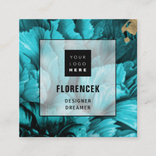 Carte De Visite Carré Logo personnalisé QR CODE Beautique Floral Turquoi