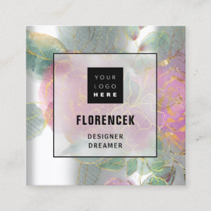 Carte De Visite Carré Logo personnalisé QR CODE Cadre floral vert gris a