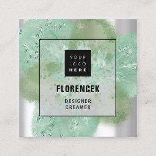 Carte De Visite Carré Logo personnalisé QR CODE Silver Grey Floral Abstr